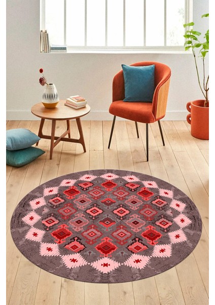 Sade Etnik Desen Kaymaz Yıkanabilir Yuvarlak Mutfak Salon Koridor Halısı, Y-Etnik-19-Kırmızı, fırsatları