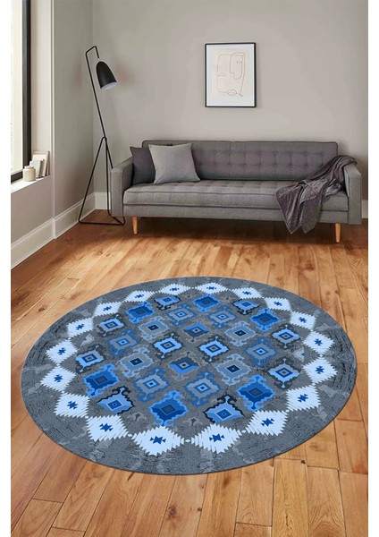 Sade Etnik Desen Kaymaz Yıkanabilir Yuvarlak Mutfak Salon Koridor Halısı, Y-Etnik-19-Mavi,