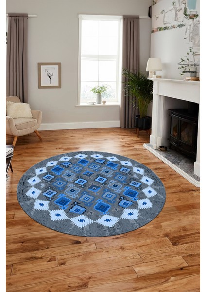 Sade Etnik Desen Kaymaz Yıkanabilir Yuvarlak Mutfak Salon Koridor Halısı, Y-Etnik-19-Mavi, fiyatları