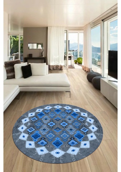 Sade Etnik Desen Kaymaz Yıkanabilir Yuvarlak Mutfak Salon Koridor Halısı, Y-Etnik-19-Mavi, modelleri