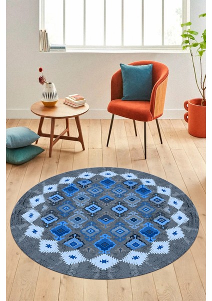 Sade Etnik Desen Kaymaz Yıkanabilir Yuvarlak Mutfak Salon Koridor Halısı, Y-Etnik-19-Mavi, fırsatları