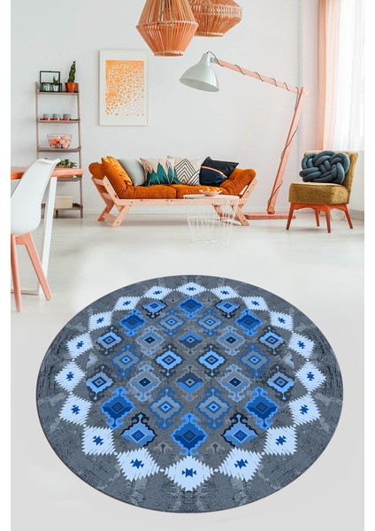 Sade Etnik Desen Kaymaz Yıkanabilir Yuvarlak Mutfak Salon Koridor Halısı, Y-Etnik-19-Mavi, indirimleri