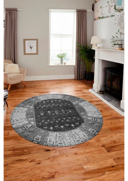 Dijital Kaymaz Yıkanabilir Yeni Etnik Desenli Yuvarlak Mutfak Salon Halısı, Y-Etnik-16-Gri, modelleri