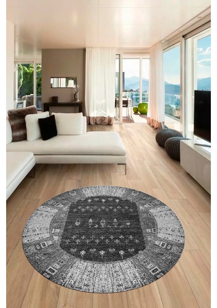 Dijital Kaymaz Yıkanabilir Yeni Etnik Desenli Yuvarlak Mutfak Salon Halısı, Y-Etnik-16-Gri, fırsatları