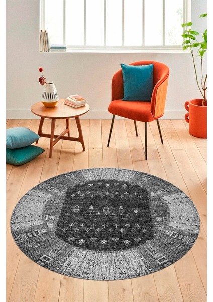 Dijital Kaymaz Yıkanabilir Yeni Etnik Desenli Yuvarlak Mutfak Salon Halısı, Y-Etnik-16-Gri, indirimleri