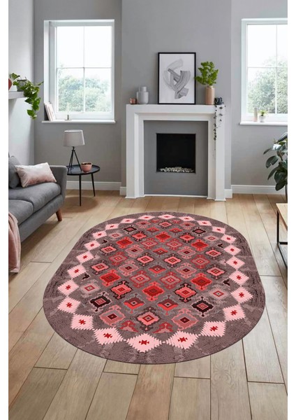Sade Etnik Desen Kaymaz Yıkanabilir Oval Yolluk Mutfak Salon Koridor Halısı, O-Etnik-19-Kırmızı, fırsatları