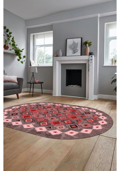 Sade Etnik Desen Kaymaz Yıkanabilir Oval Yolluk Mutfak Salon Koridor Halısı, O-Etnik-19-Kırmızı, indirimleri