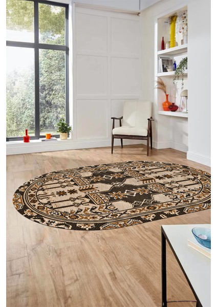 Şık Etnik Desen Kaymaz Yıkanabilir Oval Yolluk Mutfak Salon Koridor Halısı, O-Etnik-20-Kahve,