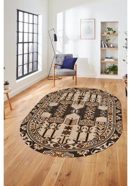 Şık Etnik Desen Kaymaz Yıkanabilir Oval Yolluk Mutfak Salon Koridor Halısı, O-Etnik-20-Kahve, fiyatları