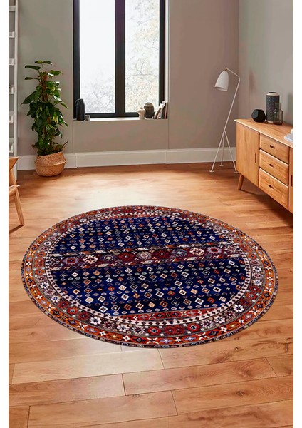 Yeni Tasarım Etnik Desenli Yıkanabilir Yuvarlak Mutfak Salon Koridor Halısı, Y-Etnik-17-Lacivert,