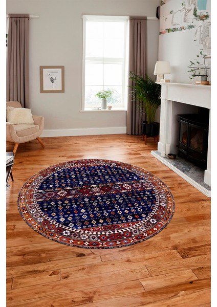 Yeni Tasarım Etnik Desenli Yıkanabilir Yuvarlak Mutfak Salon Koridor Halısı, Y-Etnik-17-Lacivert, modelleri