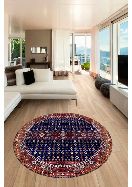 Yeni Tasarım Etnik Desenli Yıkanabilir Yuvarlak Mutfak Salon Koridor Halısı, Y-Etnik-17-Lacivert, fırsatları