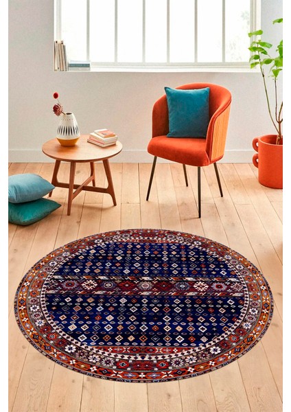 Yeni Tasarım Etnik Desenli Yıkanabilir Yuvarlak Mutfak Salon Koridor Halısı, Y-Etnik-17-Lacivert, indirimleri