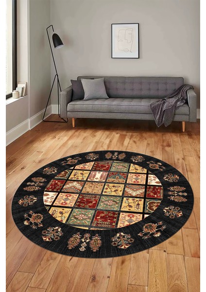 Yeni Etnik Desen Kaymaz Yıkanabilir Yuvarlak Mutfak Salon Koridor Halısı, Y-Etnik-18-Antrasit,