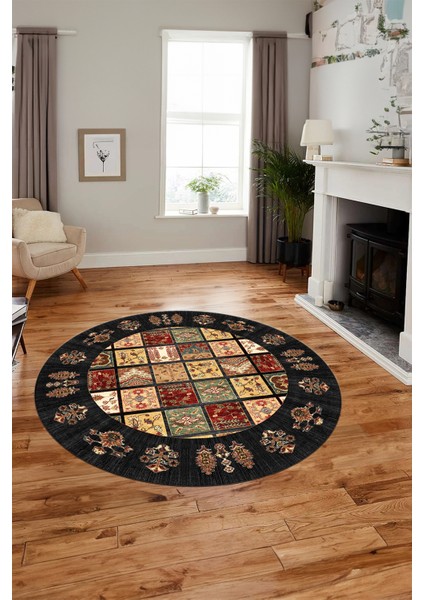 Yeni Etnik Desen Kaymaz Yıkanabilir Yuvarlak Mutfak Salon Koridor Halısı, Y-Etnik-18-Antrasit, fiyatları