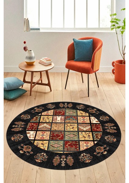 Yeni Etnik Desen Kaymaz Yıkanabilir Yuvarlak Mutfak Salon Koridor Halısı, Y-Etnik-18-Antrasit, fırsatları