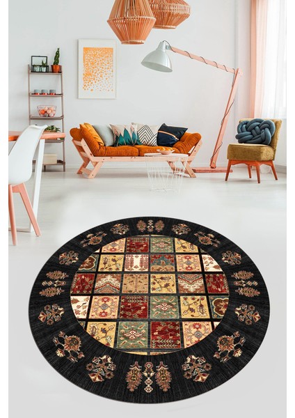 Yeni Etnik Desen Kaymaz Yıkanabilir Yuvarlak Mutfak Salon Koridor Halısı, Y-Etnik-18-Antrasit, indirimleri