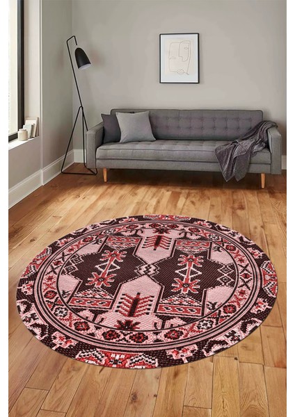 Şık Etnik Desen Kaymaz Yıkanabilir Yuvarlak Mutfak Salon Koridor Halısı, Y-Etnik-20-Pembe,