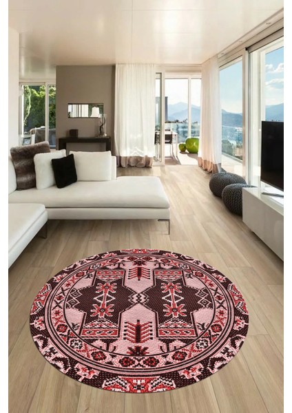 Şık Etnik Desen Kaymaz Yıkanabilir Yuvarlak Mutfak Salon Koridor Halısı, Y-Etnik-20-Pembe, modelleri