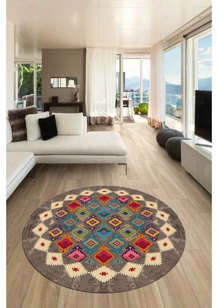 Sade Etnik Desen Kaymaz Yıkanabilir Yuvarlak Mutfak Salon Koridor Halısı, Y-Etnik-19-Renkli, modelleri
