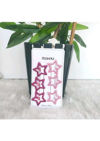 6 Lı Simli Yıldız Model Koyu ve Açık Pembe Renk Çocuk Çıt Çıt Toka