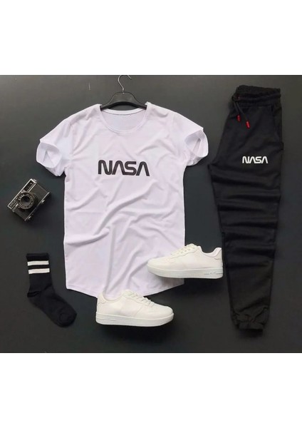 Moda Wear Siyah- Beyaz Nasa Baskılı Oval Kesim 2’li Set Takım Kombin