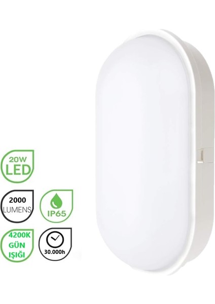 Su Geçirmez 20W Beyaz Kasa Gün Işığı 4200K Bahçe Teras Banyo Iç Dış Mekan LED Işık 2000LM