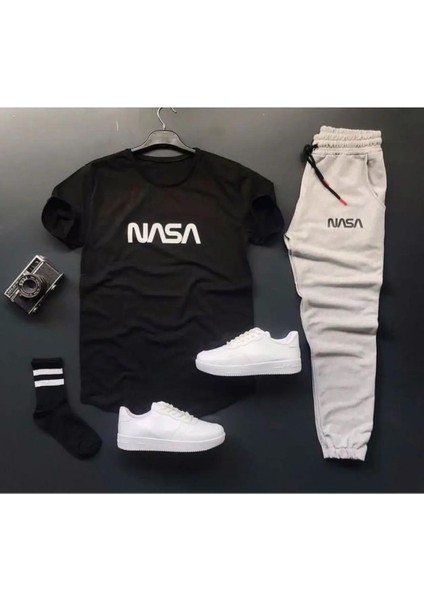 Moda Wear Siyah- Beyaz Nasa Baskılı Oval Kesim 2’li Set Takım Kombin