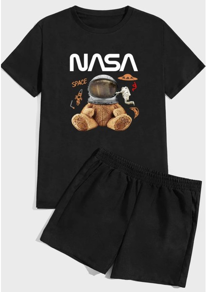 Büyük Beden Özel Tasarım Nasa Astronot Baskılı Pamuk Oversize Erkek T-Shırt Şort Takımı