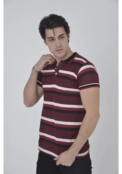 Erkek Yakalı Slim Fit Dokuma Çizgili T-Shirt - Bordo