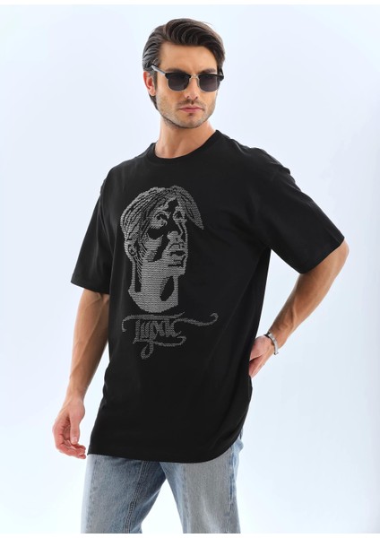 Unisex Oversize Taşlı Bisiklet Yaka T-Shirt - Siyah