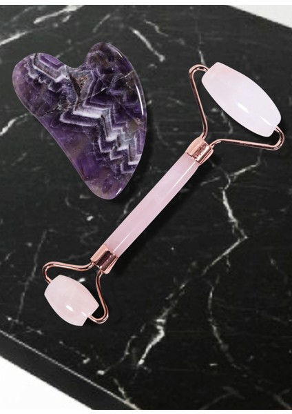 Ametist & Pembe Kuvars Gua Sha ve Roller Kalp Doğal Taş Yüz Masajı Aleti