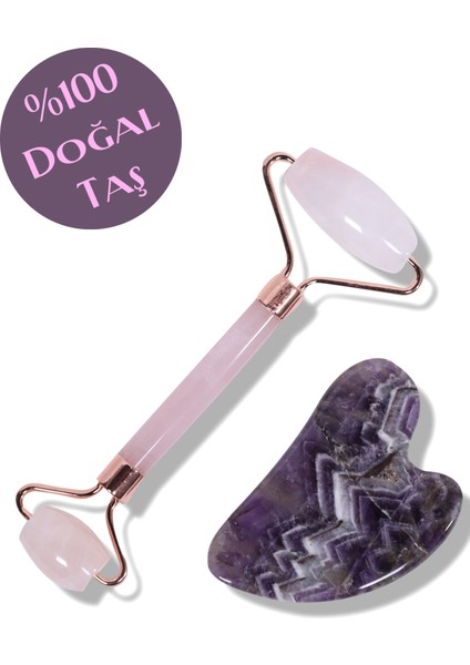 Ametist & Pembe Kuvars Gua Sha ve Roller Kalp Doğal Taş Yüz Masajı Aleti fiyatları