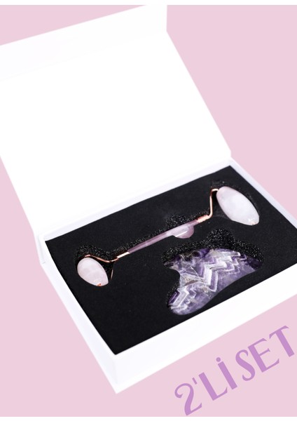 Ametist & Pembe Kuvars Gua Sha ve Roller Kalp Doğal Taş Yüz Masajı Aleti modelleri