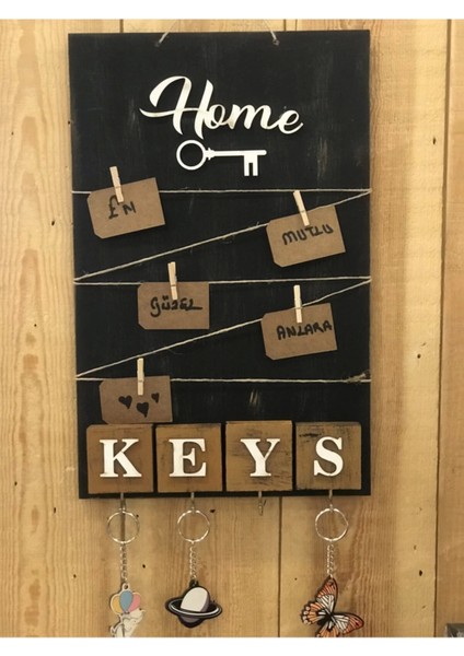Dekoratif Home Keys Ahşap Resimlik ve Notluk (Siyah)