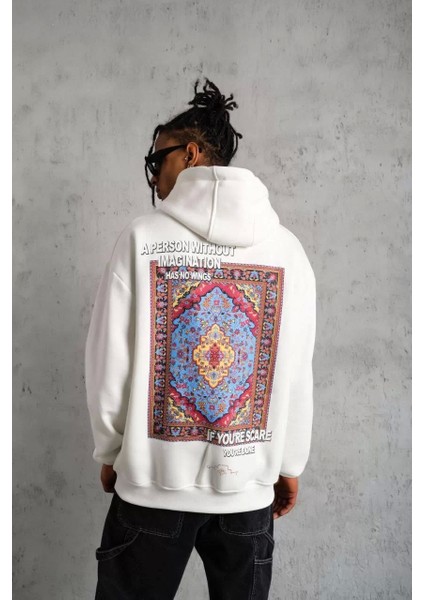 Erkek Kilim Desen Kapüşonlu Sweat- Beyaz