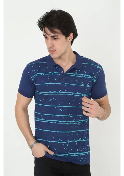 Erkek Yakalı Slim Fit Pike Çizgili T-Shirt - Mavi