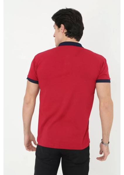 Erkek Yakalı Slim Fit Baskılı T-Shirt - Kırmızı