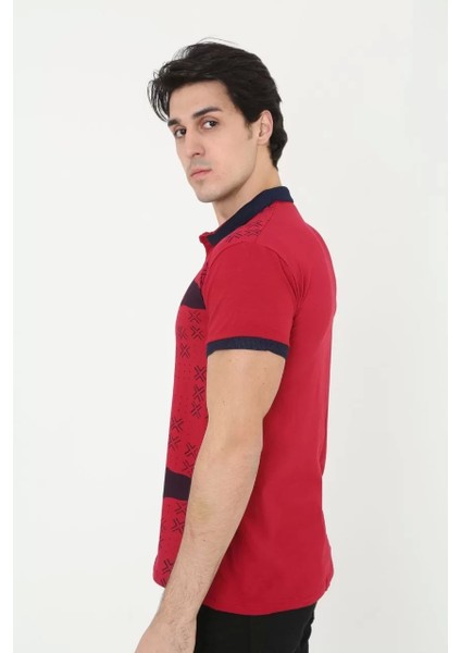 Erkek Yakalı Slim Fit Baskılı T-Shirt - Kırmızı