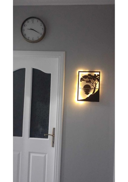 Göl Manzaralı Batan Güneş Peri Ledli Dekoratif Ahşap Gece Lambası