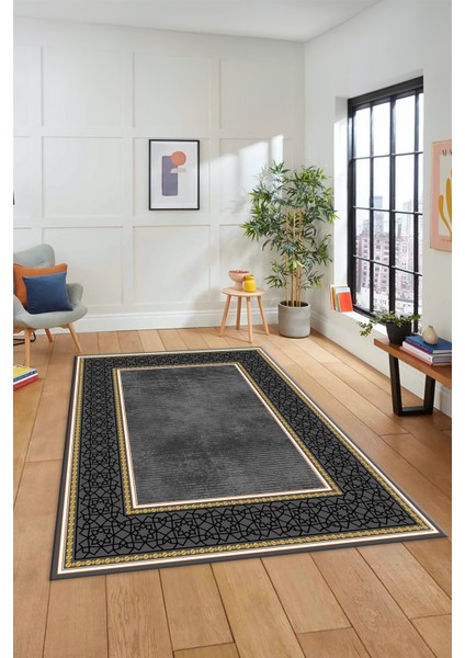 Dijital Baskılı Kaymaz Yıkanabilir Çerçeveli Yolluk Mutfak Salon Halısı, Çerçeveli-35-Gri,