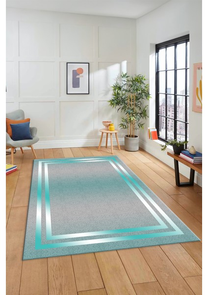 Sade Düz Renk Çerçeveli Yıkanabilir Modern Yolluk Salon Halısı, Çerçeveli-39-Mavi, modelleri