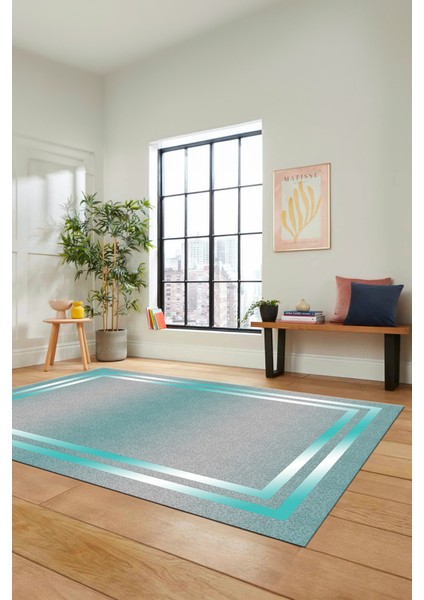 Sade Düz Renk Çerçeveli Yıkanabilir Modern Yolluk Salon Halısı, Çerçeveli-39-Mavi, fırsatları