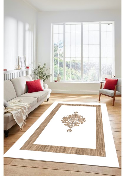 Dijital Baskılı Kaymaz Yıkanabilir Göbekli Çerçeveli Yolluk Salon Halısı, Çerçeveli-46-Beyaz,