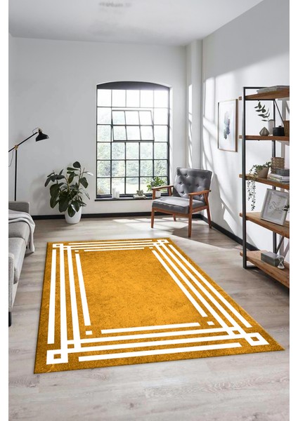 Dijital Baskılı Kaymaz Yıkanabilir Modern Şık Çerçeveli Yolluk Salon Halısı, Çerçeveli-44-Turuncu,