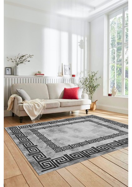 Dijital Baskılı Kaymaz Taban Yıkanabilir Çerçeveli Mutfak Salon Halısı, Çerçeveli-05-Gri,