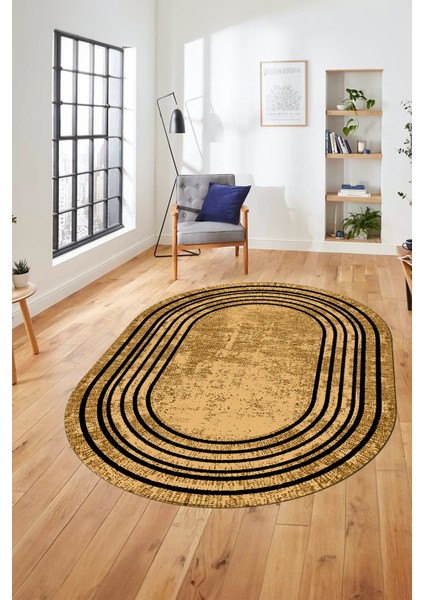 Dijital Kaymaz Yıkanabilir Çerçeveli Yolluk Mutfak Oval Salon Halısı, O-Çerçeveli-08-Bej,