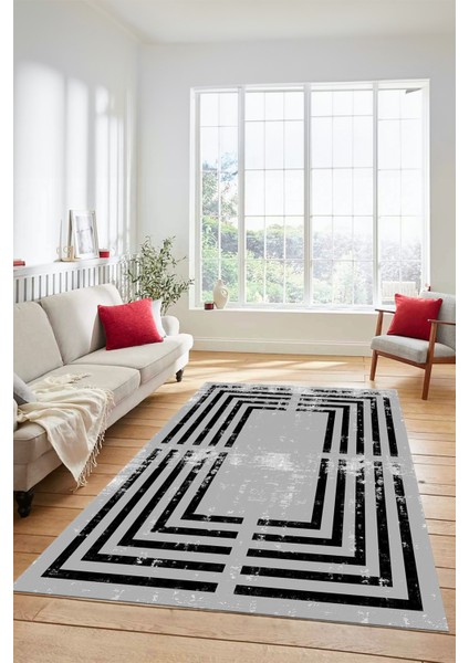 Yeni Tarz Çerçeve Desenli Modern Yıkanabilir Yolluk Mutfak Salon Halısı, Çerçeveli-15-Gri,