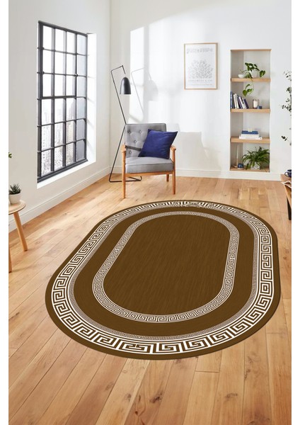 Dijital Kaymaz Yıkanabilir Çerçeveli Şık Tasarım Oval Mutfak Salon Halısı, O-Çerçeveli-03-Kahve,