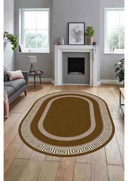 Dijital Kaymaz Yıkanabilir Çerçeveli Şık Tasarım Oval Mutfak Salon Halısı, O-Çerçeveli-03-Kahve, modelleri
